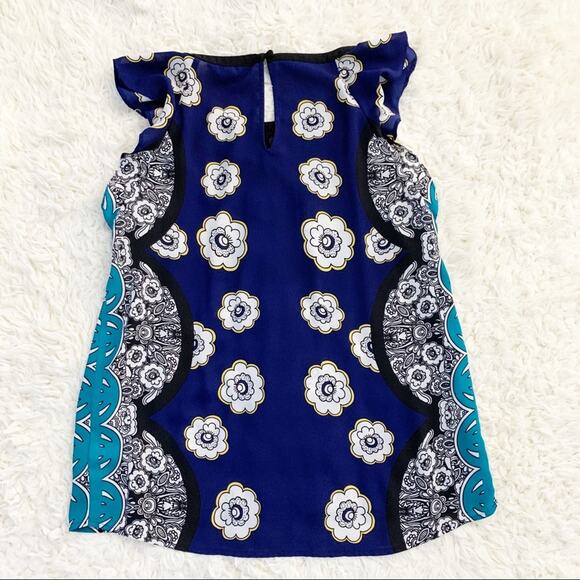 EXPRESS Blue Floral Lace Yoke Tank Ruffle Blouse size Small - Picture 3 of 9